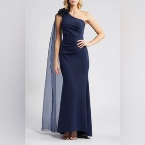 Eliza J Women's Rosette Long Evening Dress in Navy MISSING CAPE